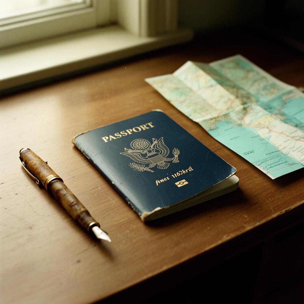 A worn passport beside a folded map