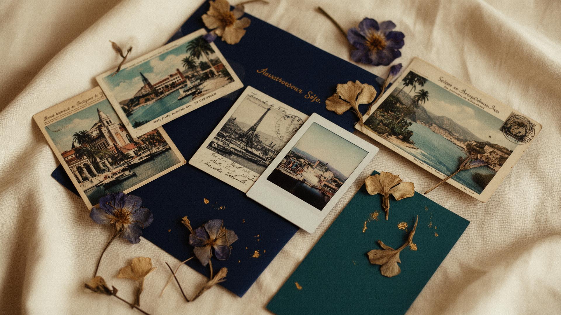 Postcards and pressed flowers from past travels